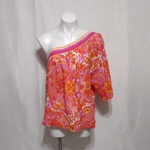 Trina Turk Floral Linen Blend One Shoulder Top Large Resort Summer Vacation Chic